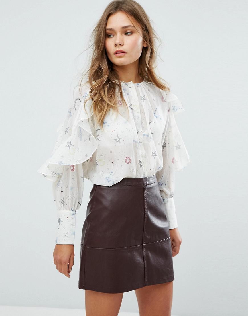 Lyst - New Look Galaxy Printed Frill Blouse in White