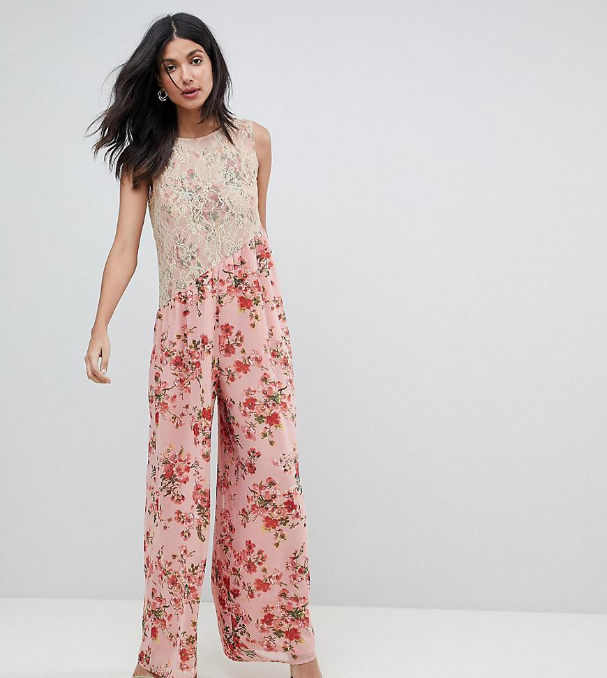 Lyst - Asos Jumpsuit In Soft Floral With Lace Bodice Detail in Pink