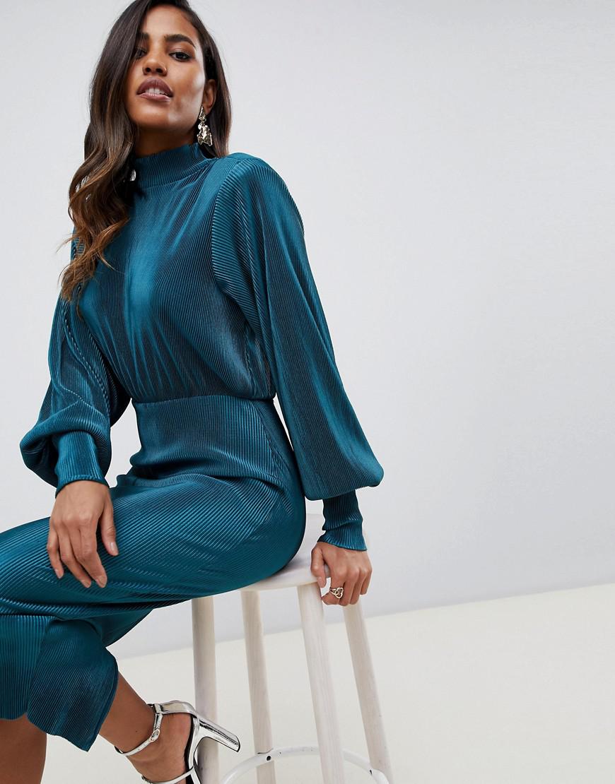 ASOS Plisse High Neck Balloon Sleeve Open Back Midi Dress in Green - Lyst