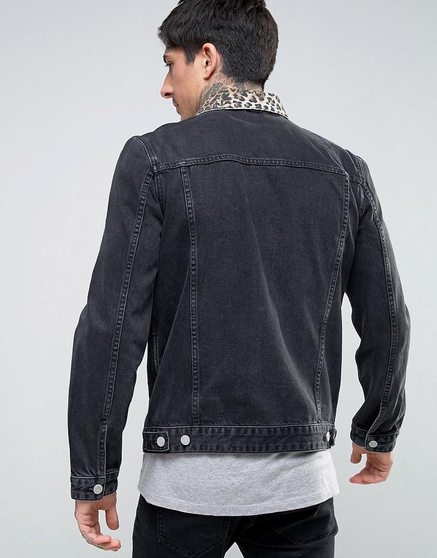 Asos Denim Jacket With Leopard Print Collar In Black Wash Gallery