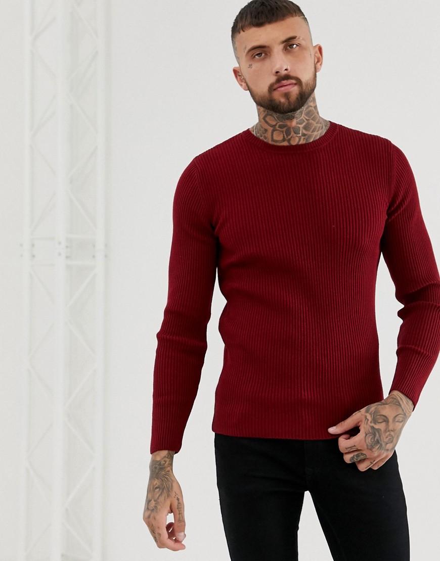 Lyst - ASOS Muscle Fit Ribbed Jumper In Burgundy in Red for Men