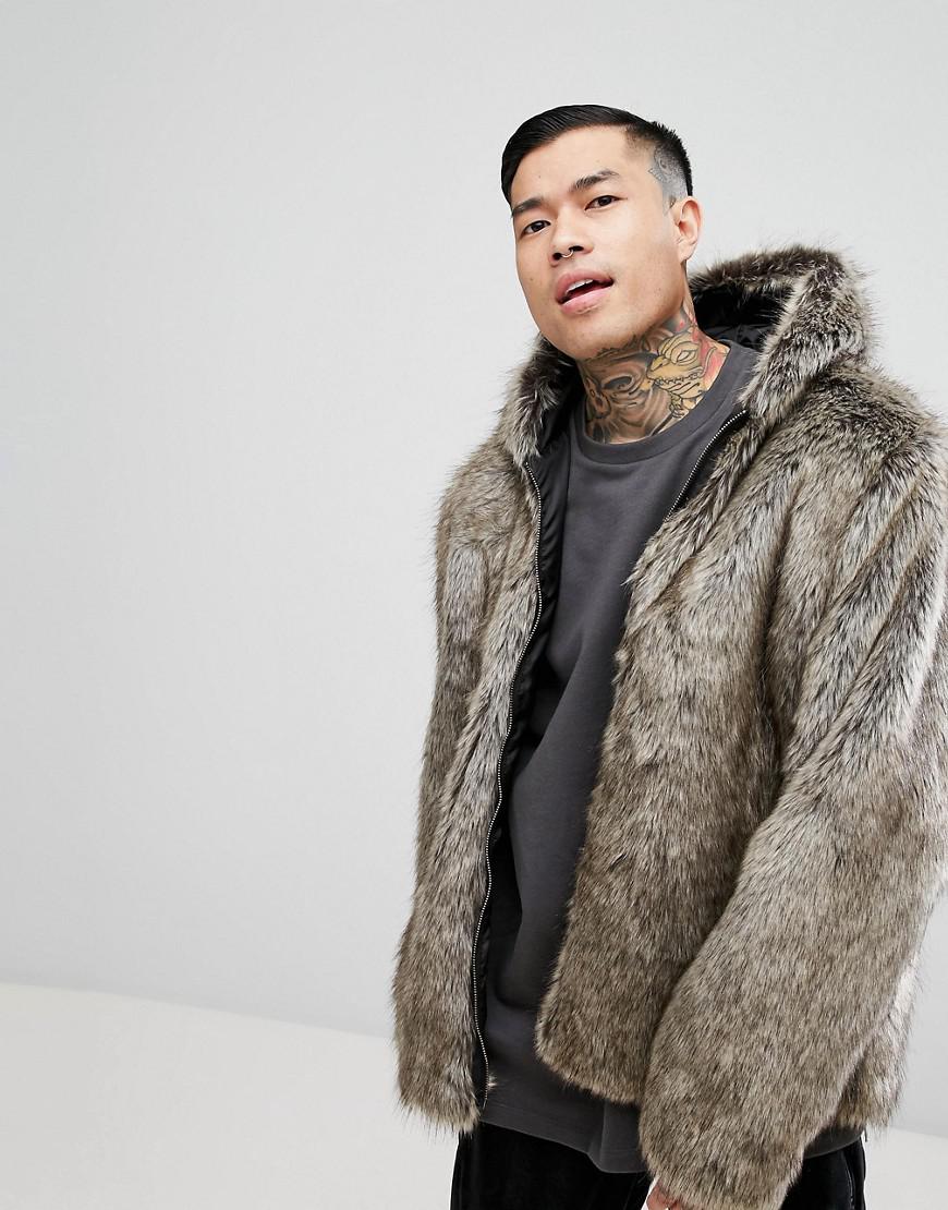 Asos Multicolor Faux Fur Er With Hood In Stone For Men