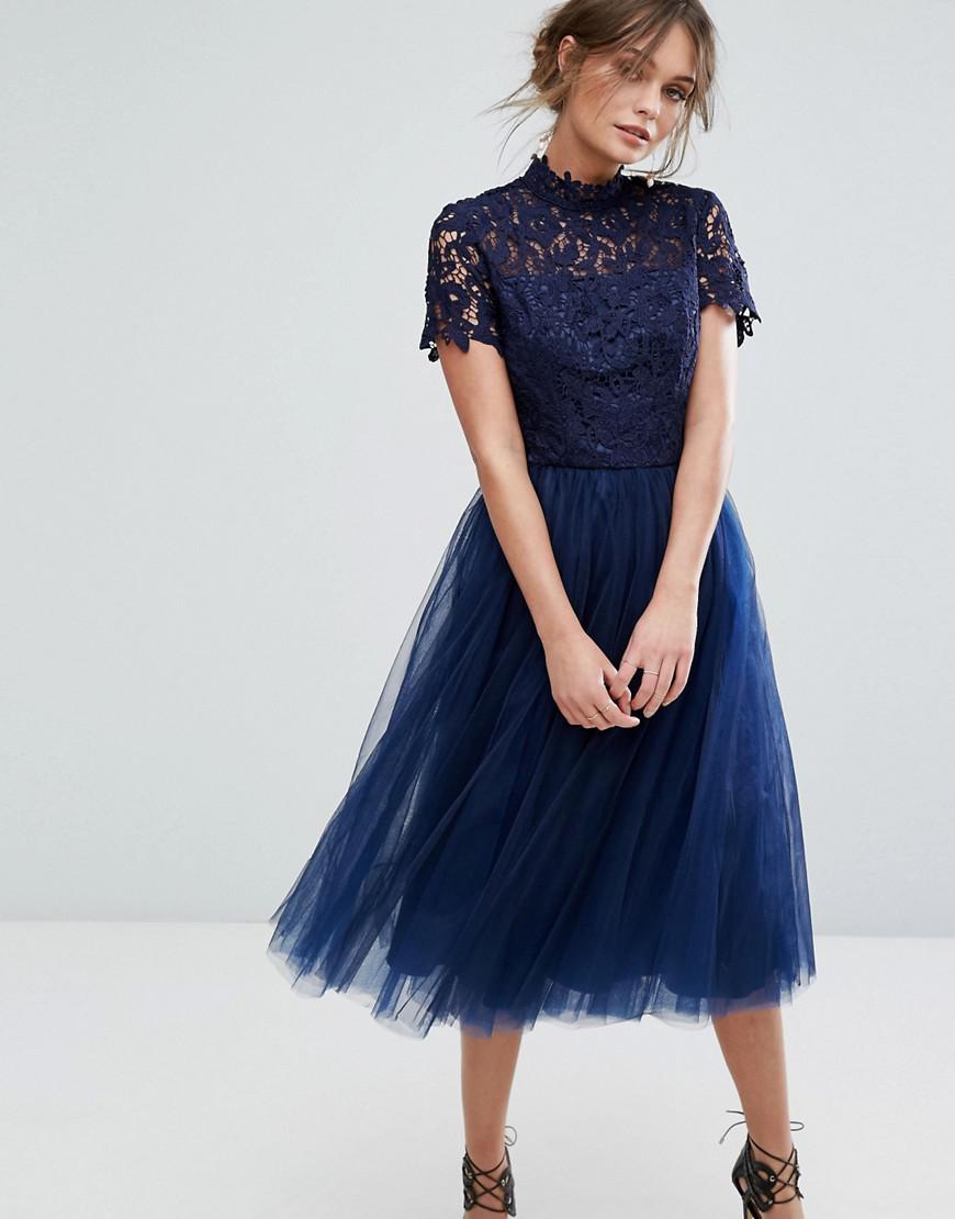 Chi Chi London High Neck Lace Midi Dress With Tulle Skirt in Blue - Lyst