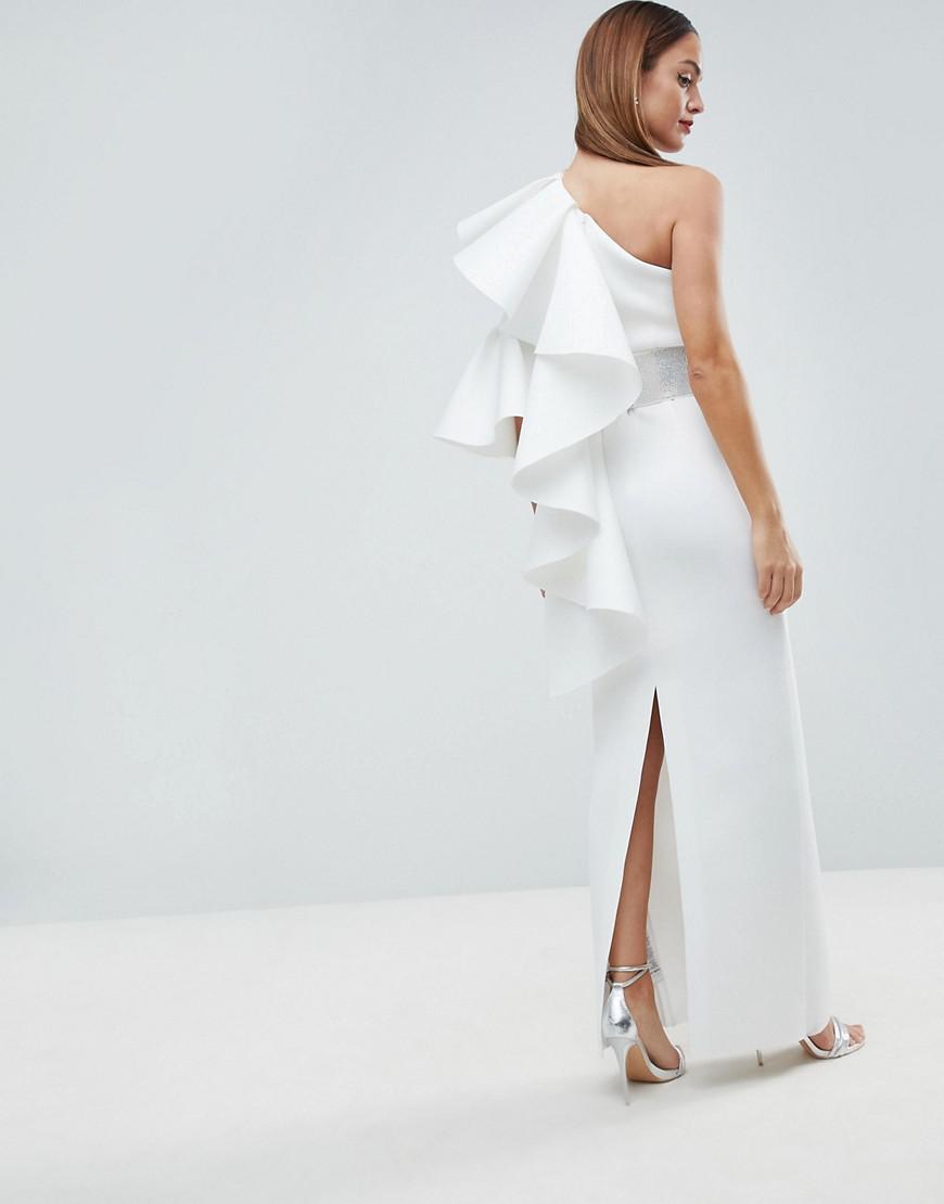 one shoulder ruffle dress white