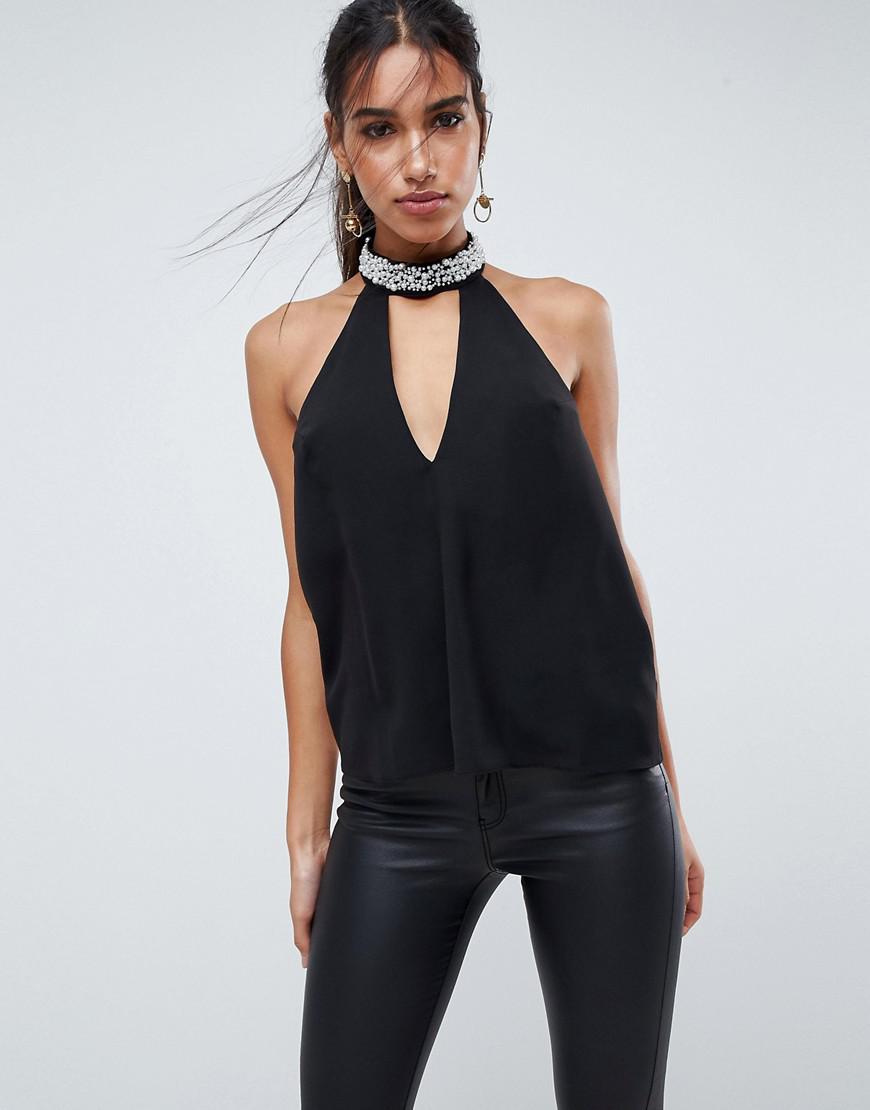 Lyst - Asos Plunge Halter Top With Embellished Choker in Black