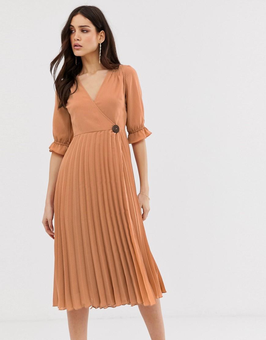 ASOS Pleated Wrap Midi Dress In Self Stripe With Coconut Button in Pink ...