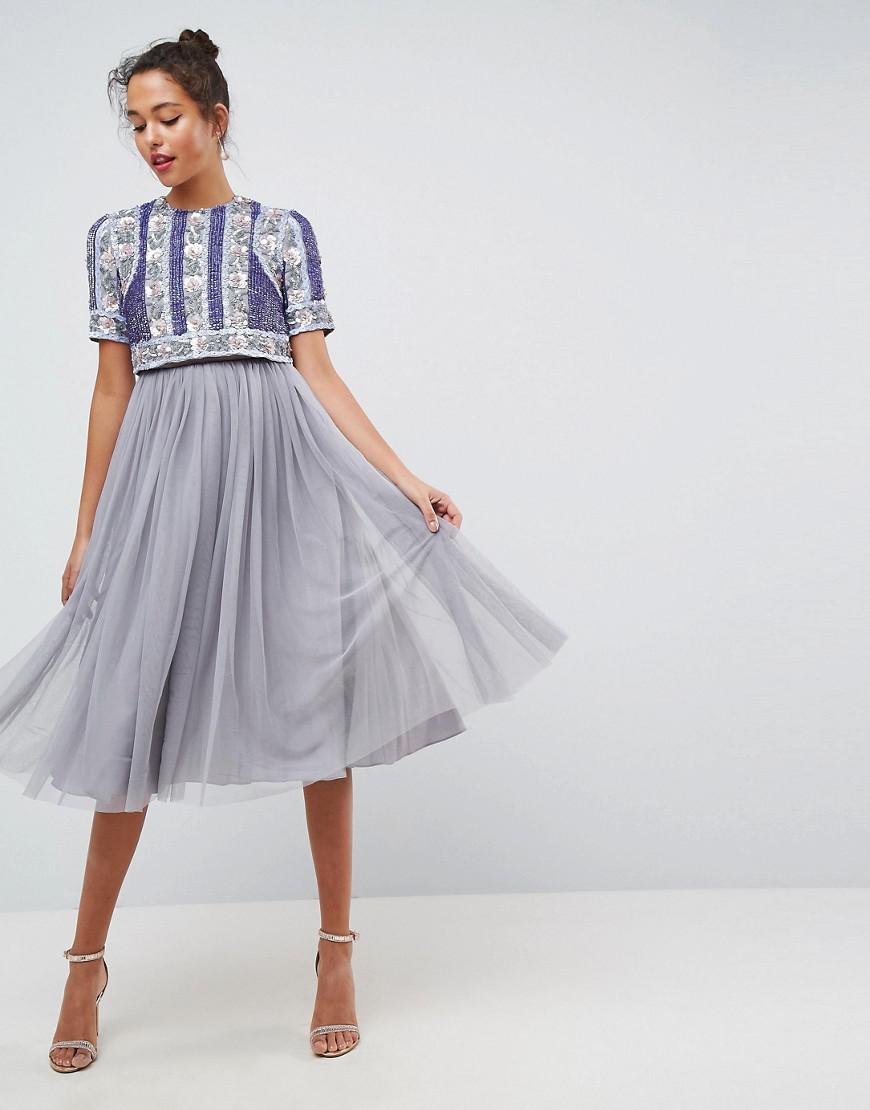 Asos Floral Panelled Embellished Tulle Midi Dress in Black ...