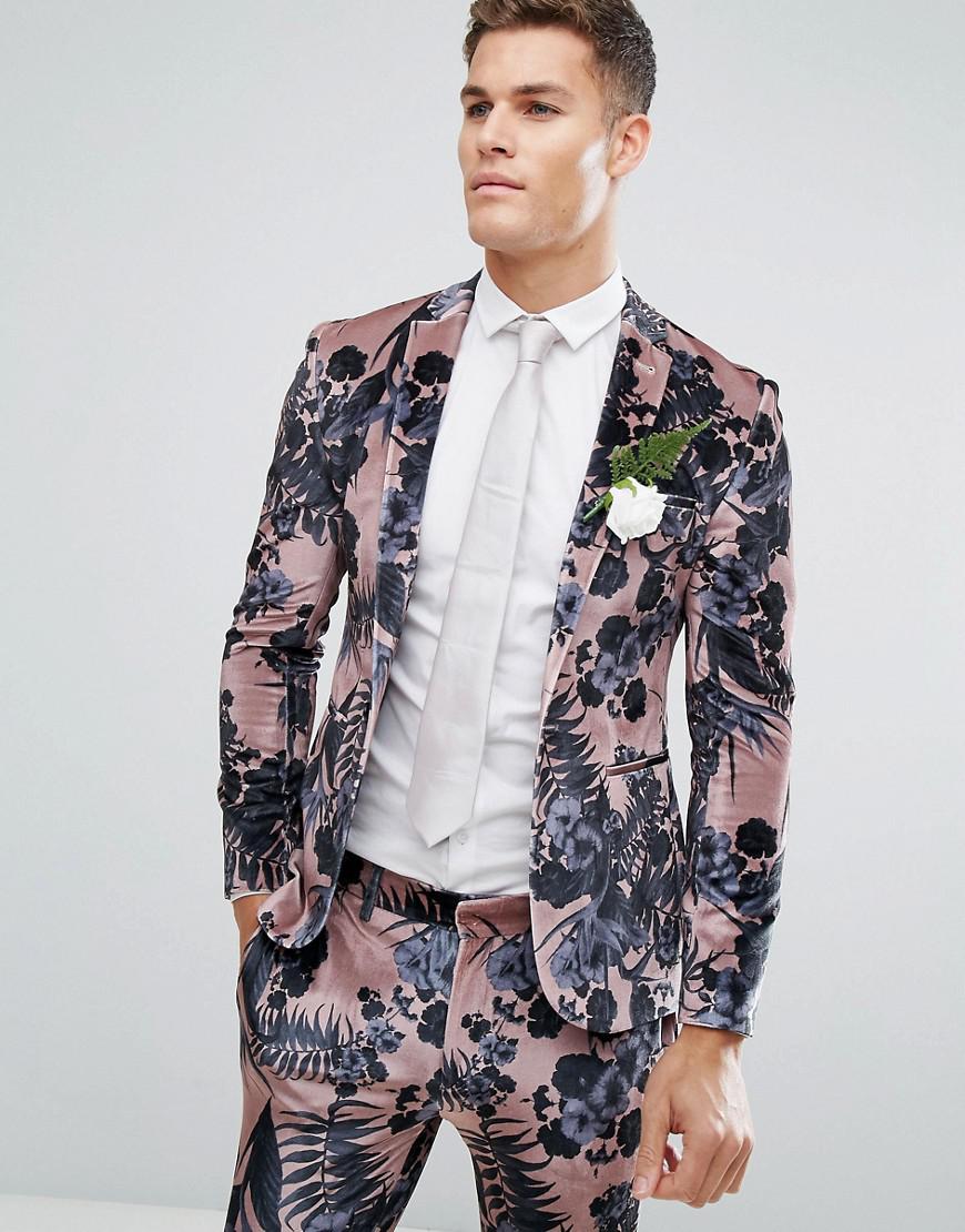 Lyst - Asos Wedding Super Skinny Suit Jacket In Dusky Pink Floral ...