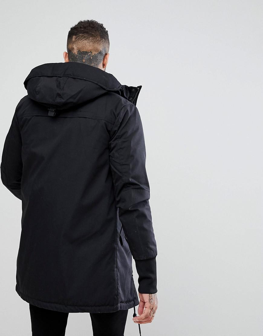 Lyst - Pull&Bear Quilted Parka With Hood In Black in Black for Men