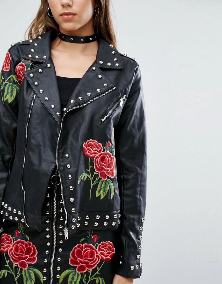 Lyst Missguided Leather Look Biker Jacket With Studs And Rose Gallery