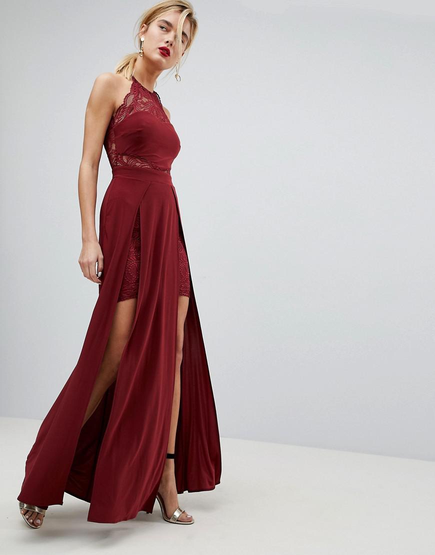 Lace Insert High Split Maxi Dress in Red