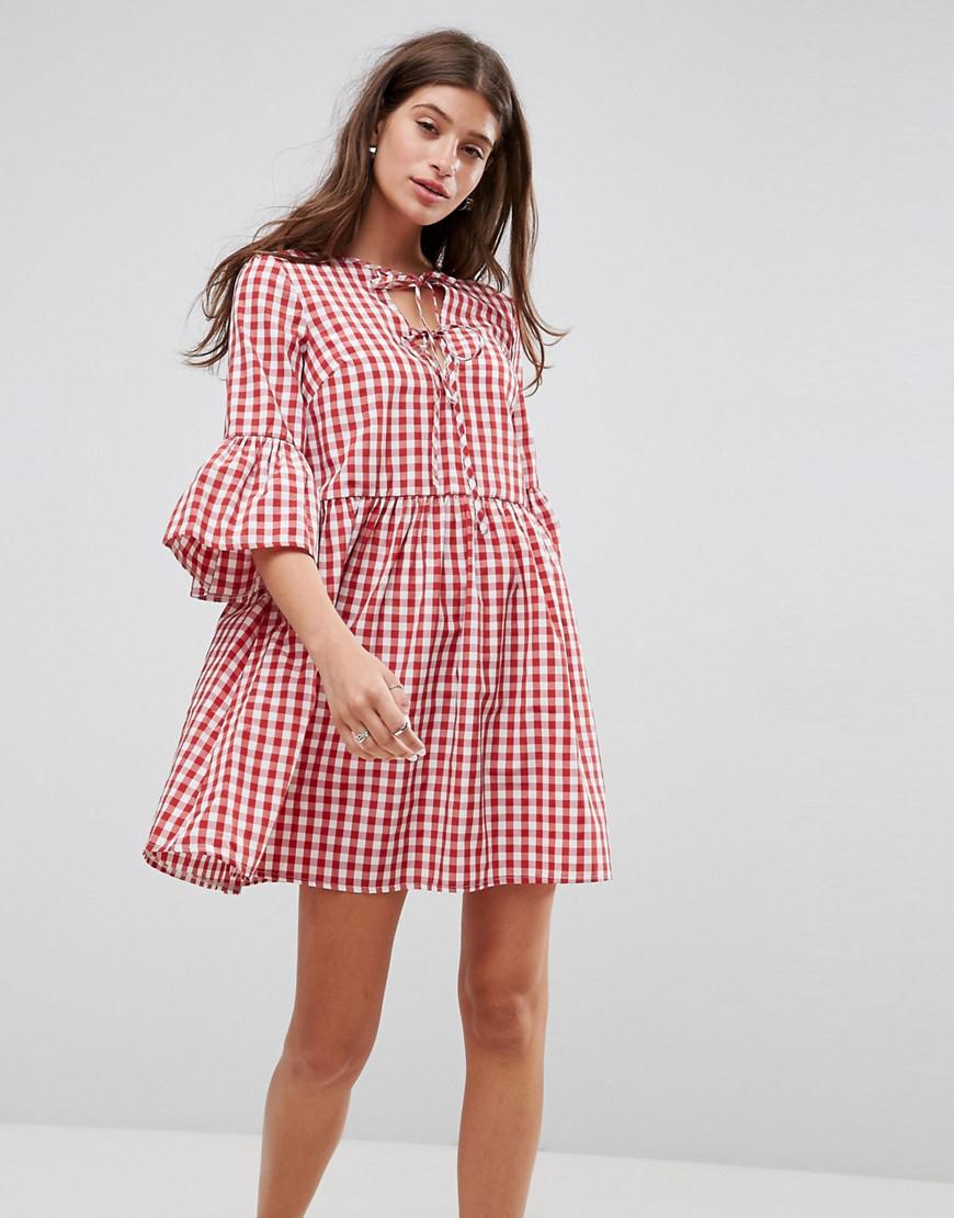 Lyst - Asos Lace Up Gingham Smock Dress With Fluted Sleeve in Red