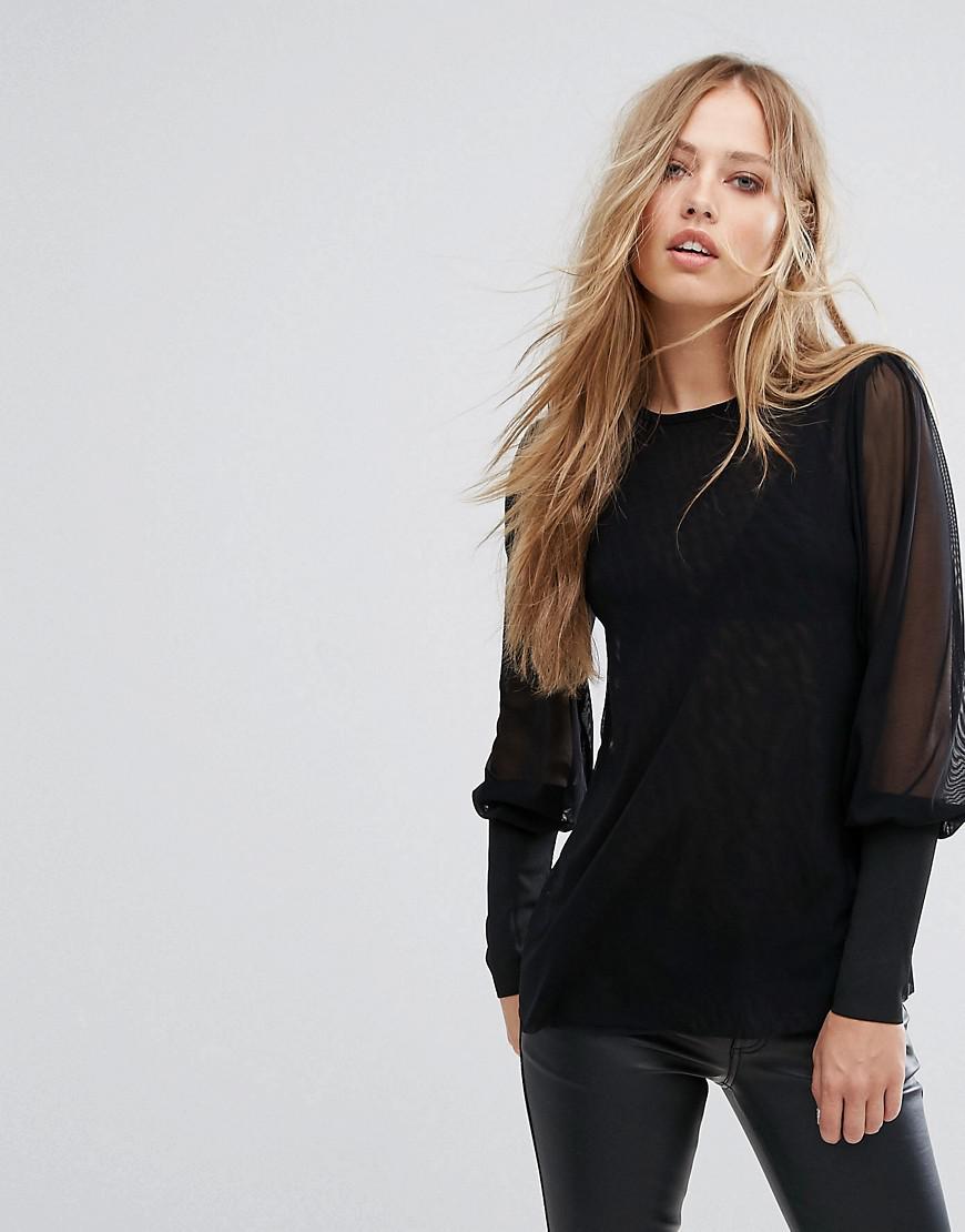 Lyst - Y.A.S Mesh Top With Balloon Sleeve in Black