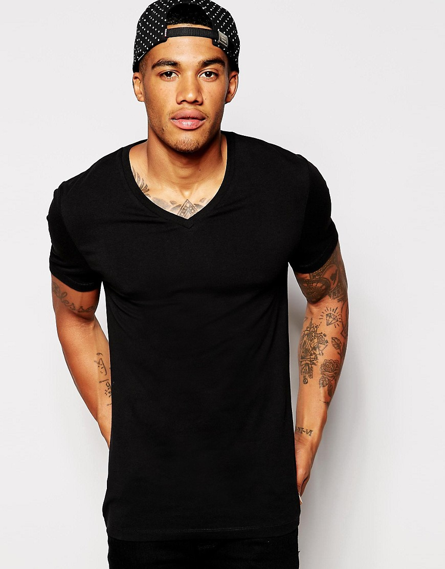 Lyst - Asos Muscle Fit T-shirt With V Neck And Stretch in Black for Men