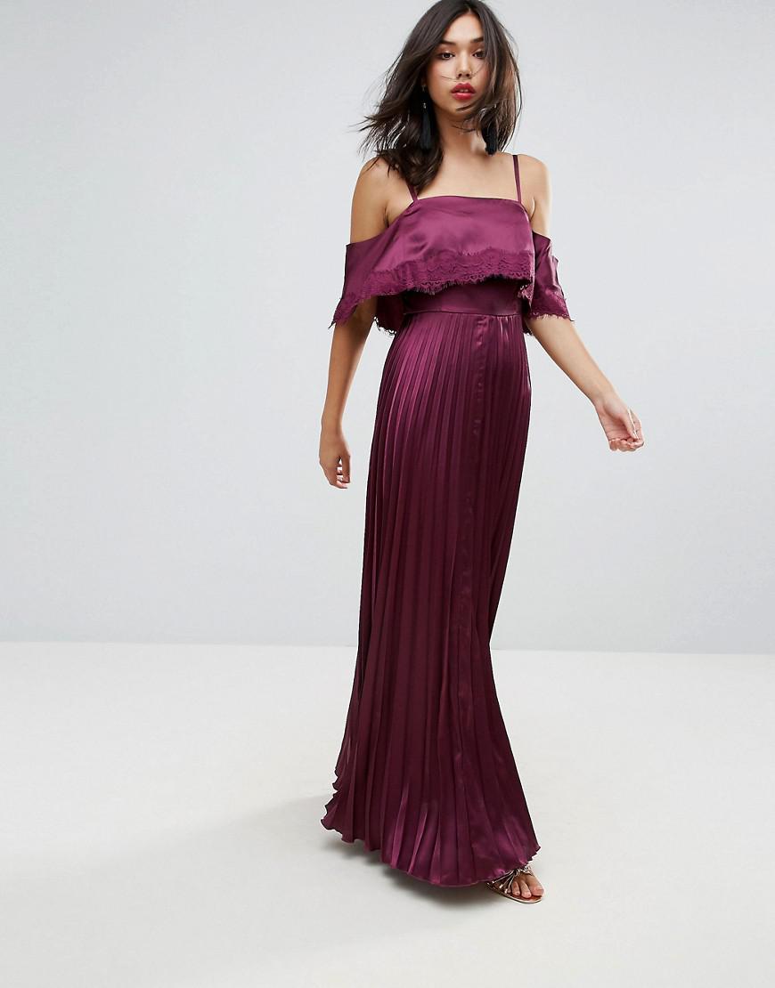 Lyst - Asos Satin Pleated Cami Lace Trim Crop Top Maxi Dress in Purple