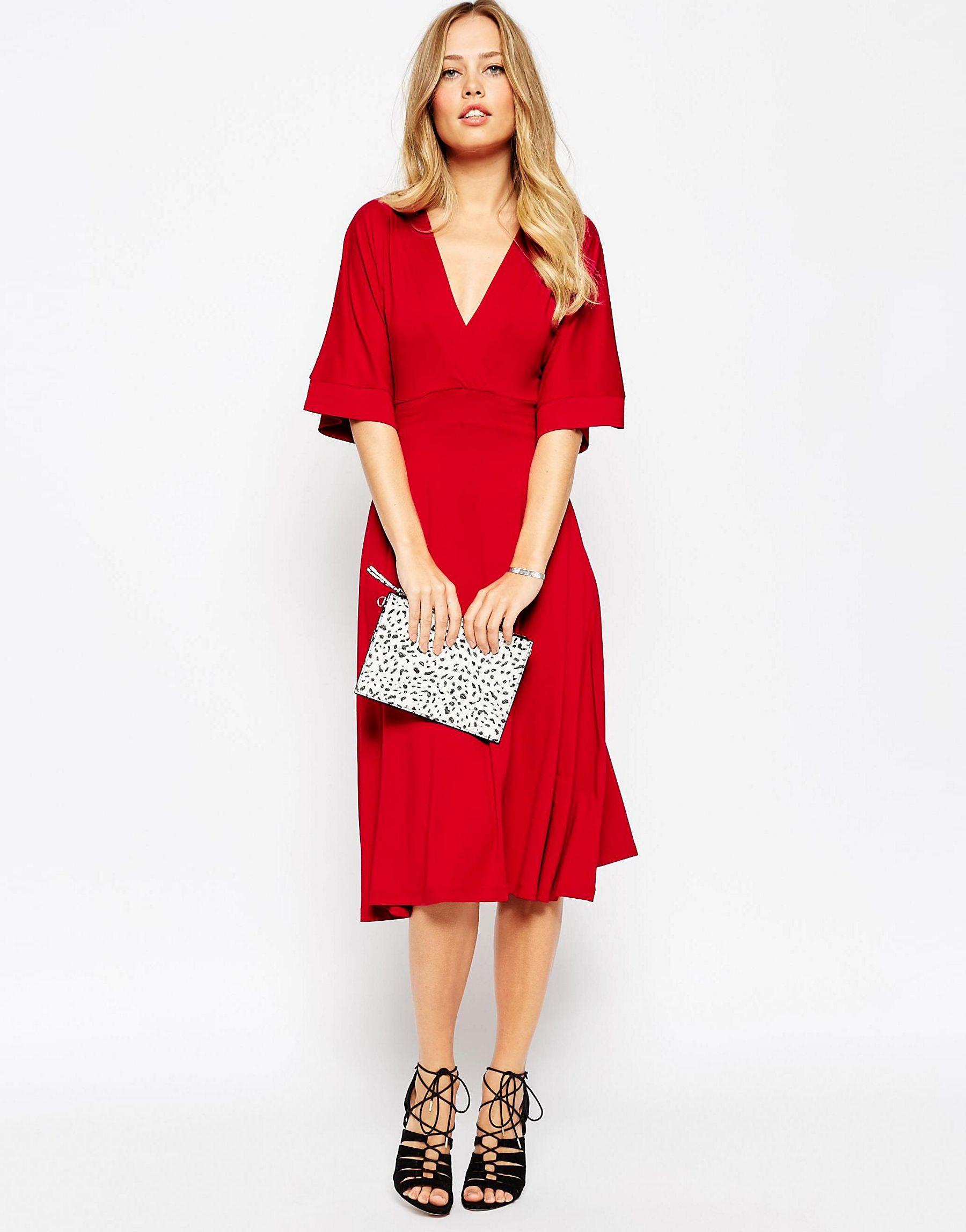 Lyst - Asos Kimono Sleeve Midi Dress With Stitch Detail in Red
