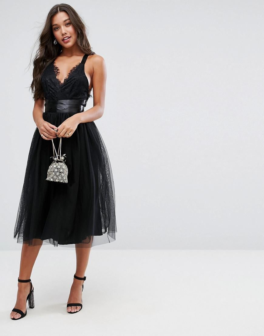 Lyst Asos Premium Lace Top Tulle Midi Prom Dress With Ribbon Ties In Black