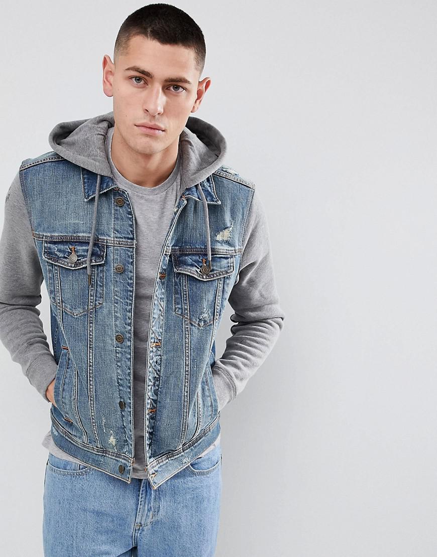 Hollister Hooded Denim Jacket With Gray Sweat Sleeves And ...