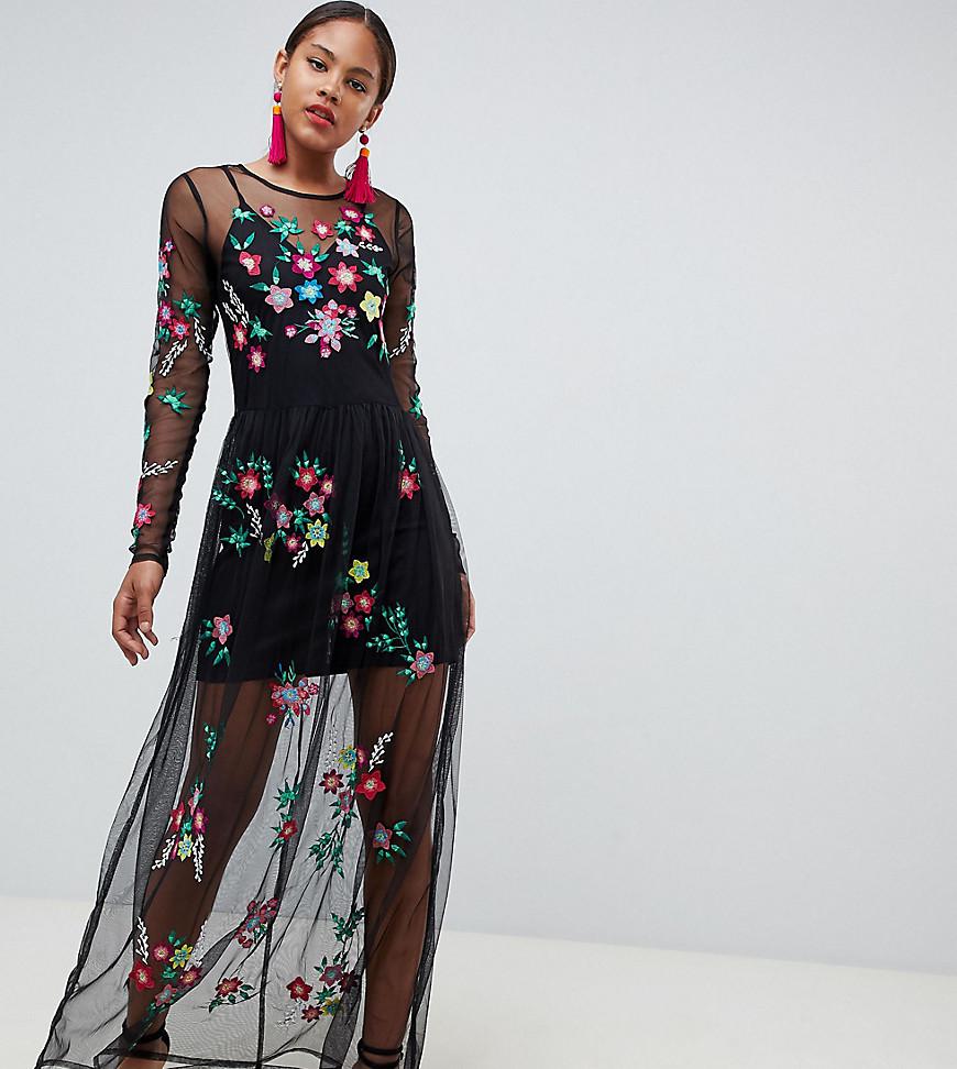 Lyst - Asos Premium Mesh Maxi Dress With Floral Embroidery in Black