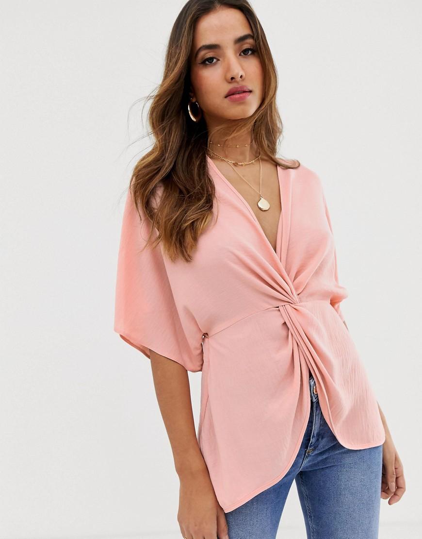 ASOS Knot Front Top With Kimono Sleeve in Pink Lyst