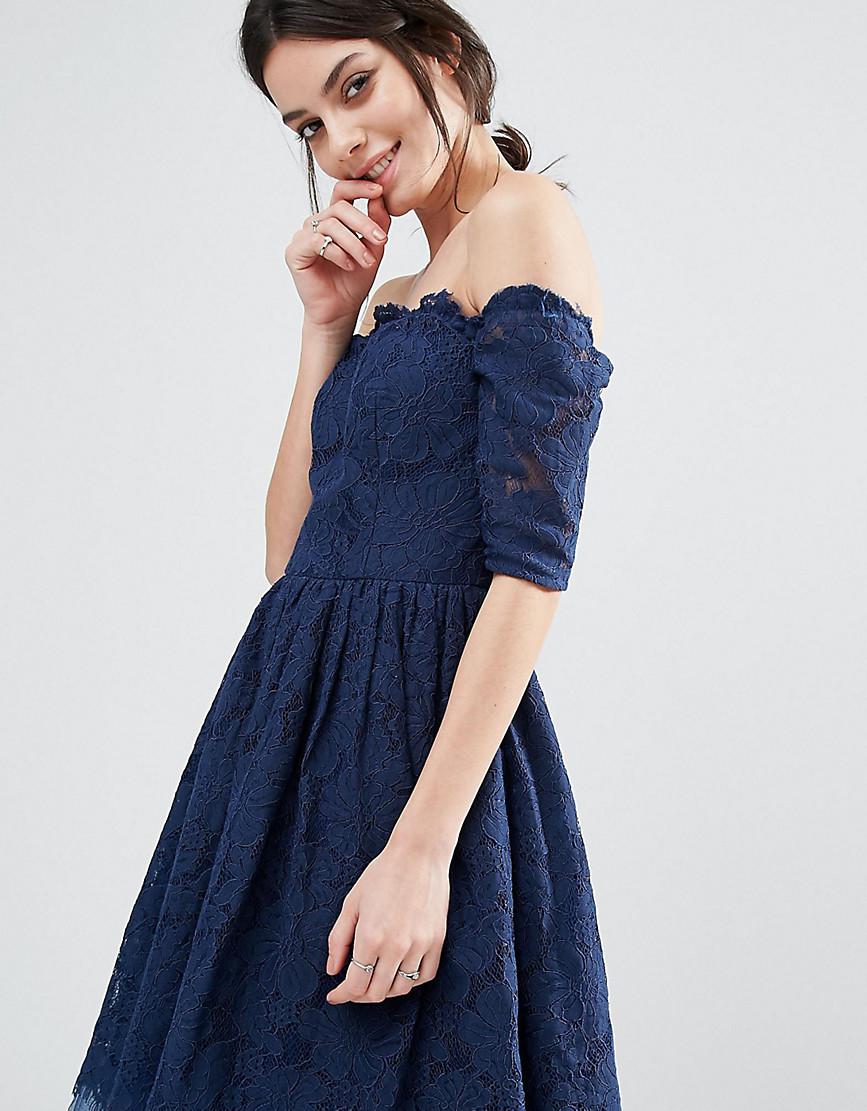 Lyst - Chi Chi London Bardot Long Sleeve All Over Lace Dress in Blue