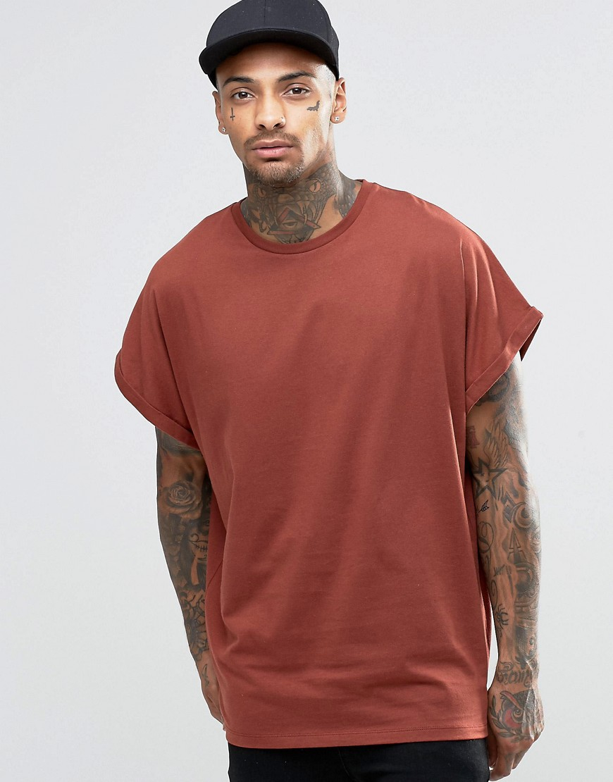 Lyst - Asos Super Oversized T-shirt With Roll Sleeve In Red in Red for Men