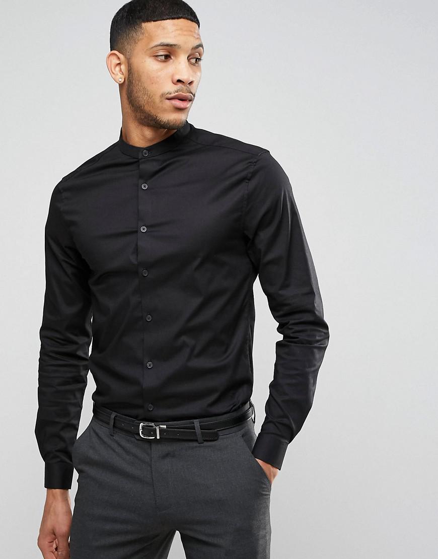 Lyst - Asos Skinny Shirt In Black With Grandad Collar And Long Sleeves ...