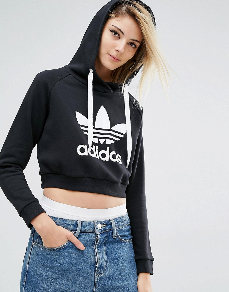 Adidas originals Originals Cropped Hoodie With Trefoil Logo in Black | Lyst