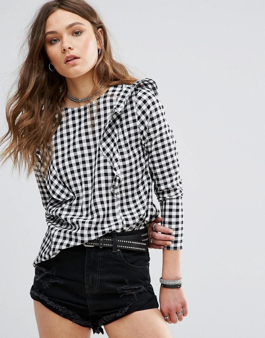 New Look Gingham Ruffle Blouse in White - Lyst