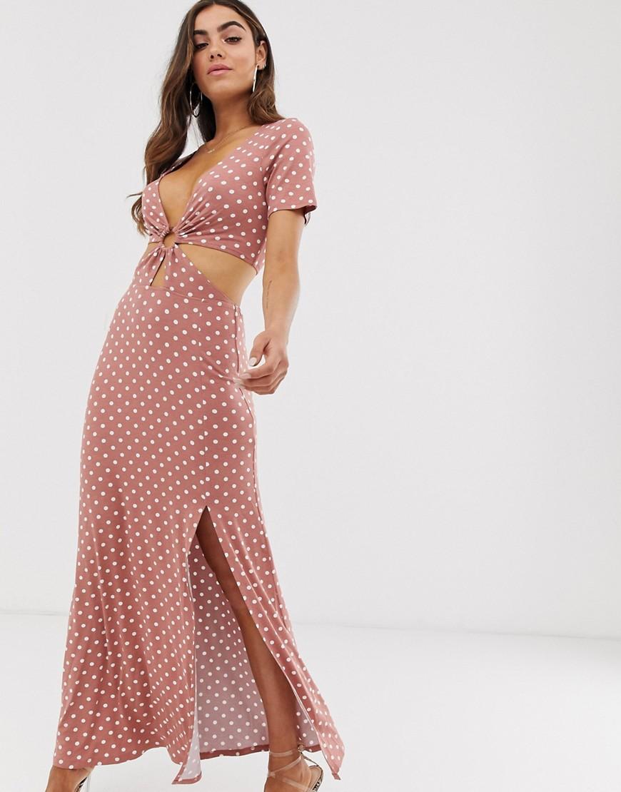 Asos Polka Dot Maxi Dress With Cut Out Waist And Ring Detail Lyst 4204