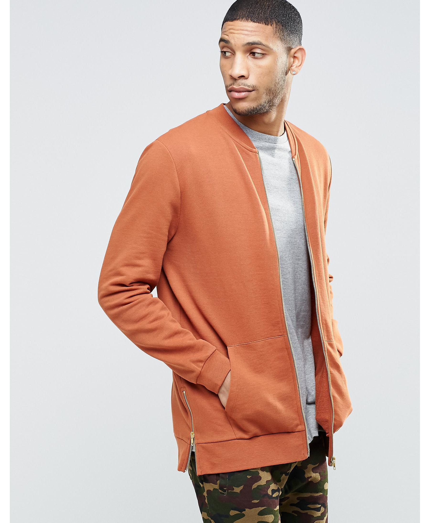 Lyst - Asos Longline Jersey Bomber Jacket With Side Zips in Orange for Men