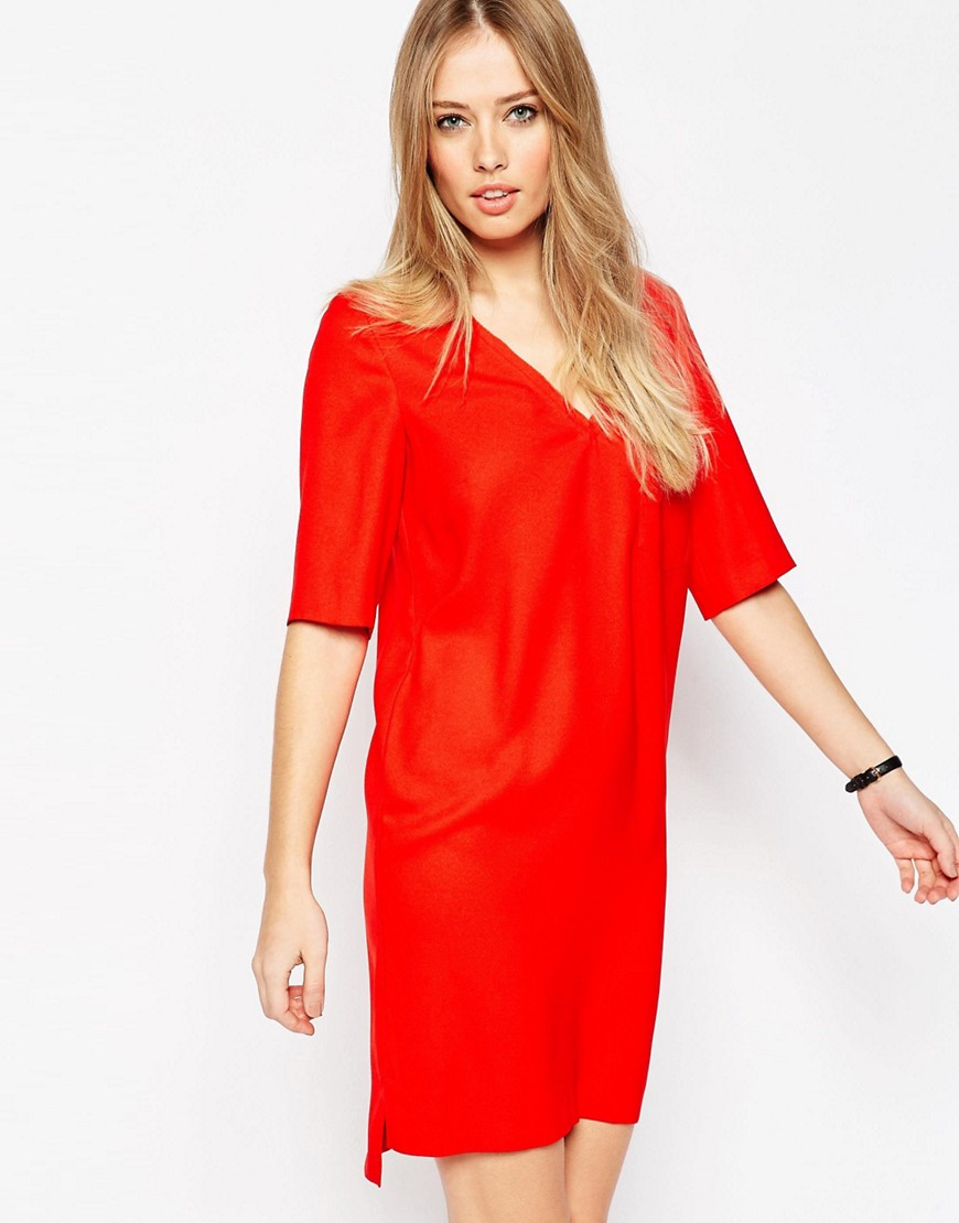 Lyst - Asos Shift Dress With V Neck And Pocket Detail in Red