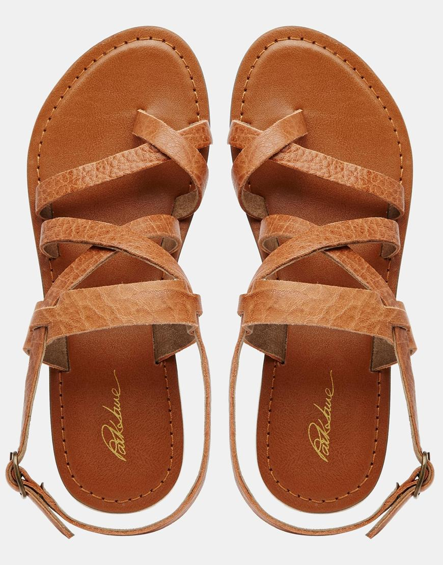 Lyst Park Lane Simple Strappy Leather  Flat  Sandals  in Brown