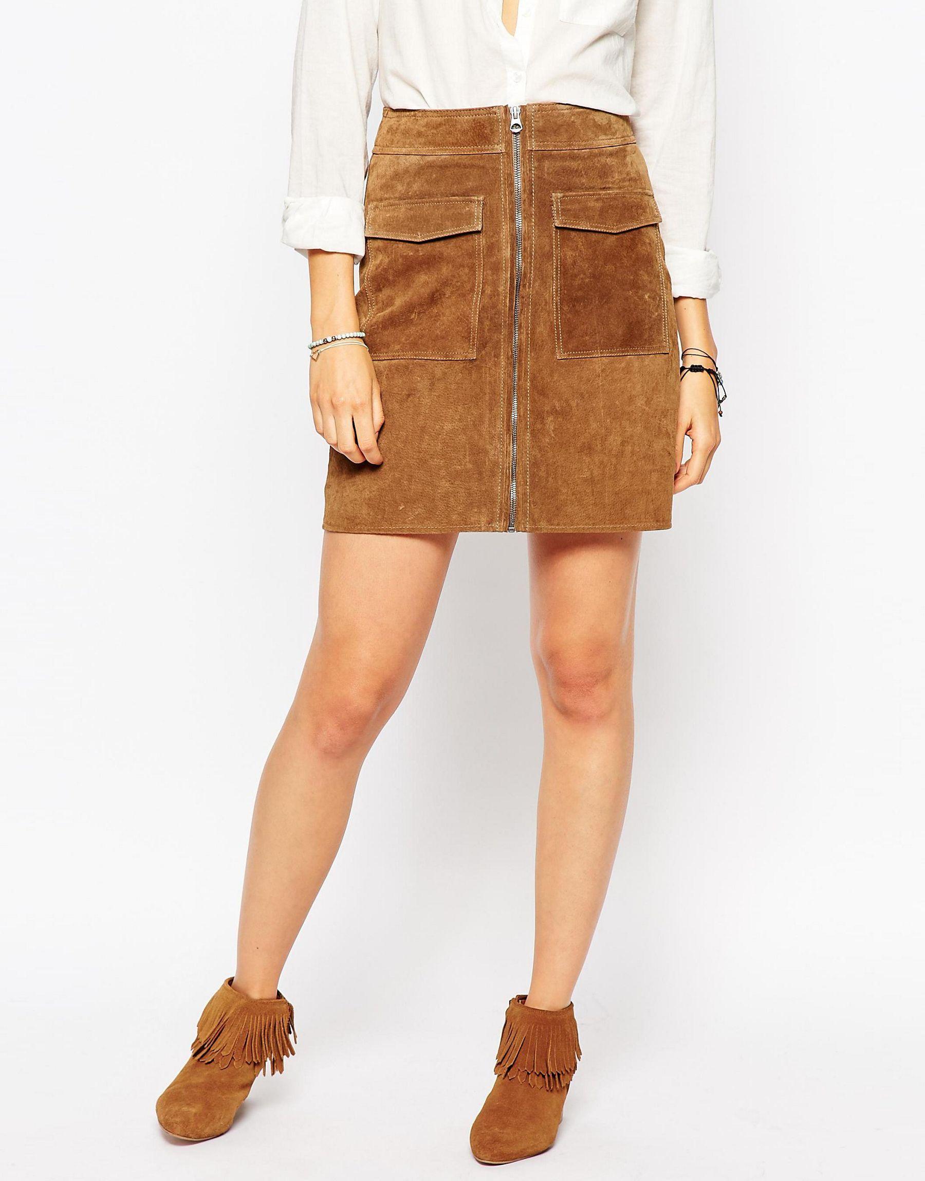 Pepe jeans Zip Front 70s Suede Skirt in Brown Lyst