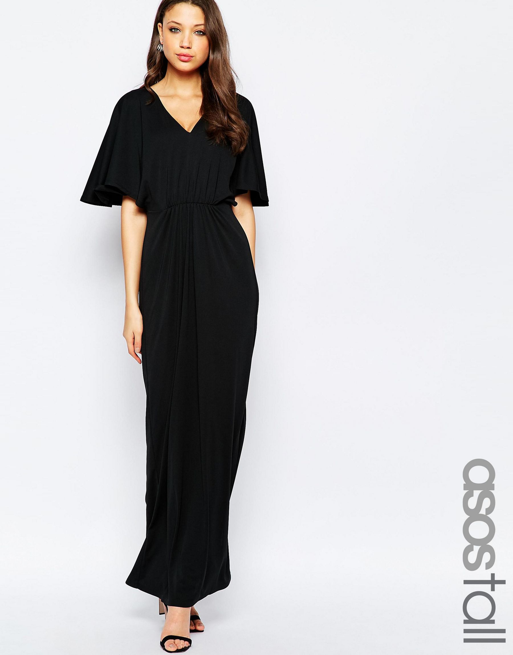 Asos Tall Maxi Dress With Kimono Sleeve And Ruched Waist in Black | Lyst