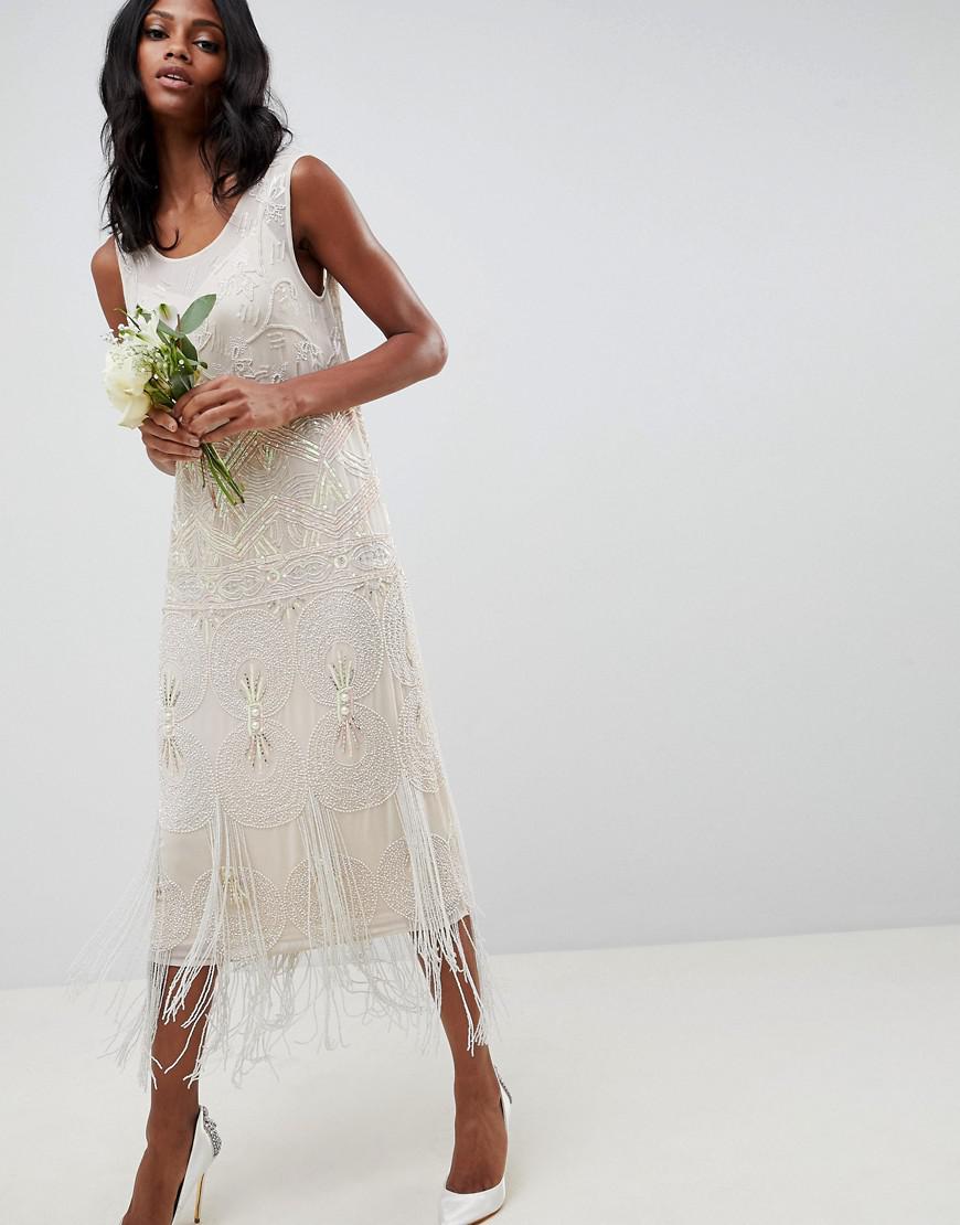 Asos Fringe Embellished Midi Wedding Dress With A Low Back In Asos Women S Natural Fringe Embellished Midi Wedding Dress