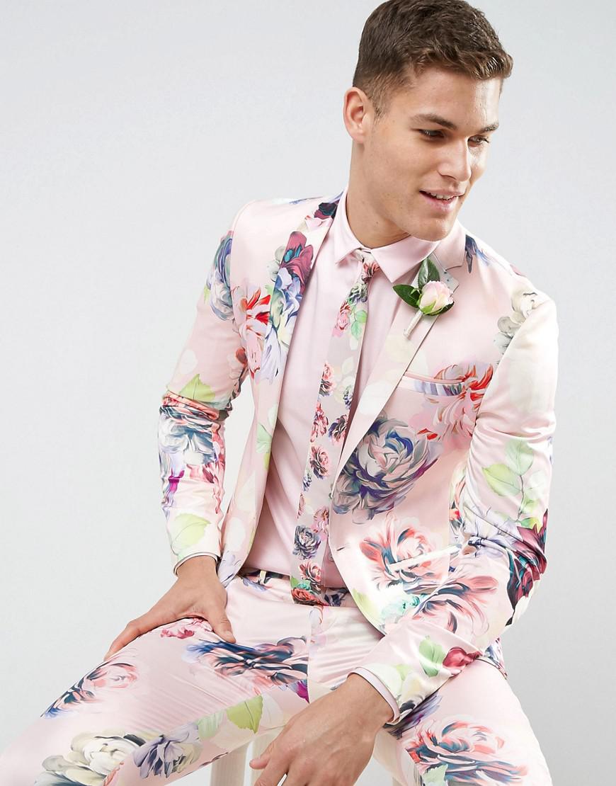 Lyst - Asos Wedding Super Skinny Suit Jacket With Nude Floral Print in ...