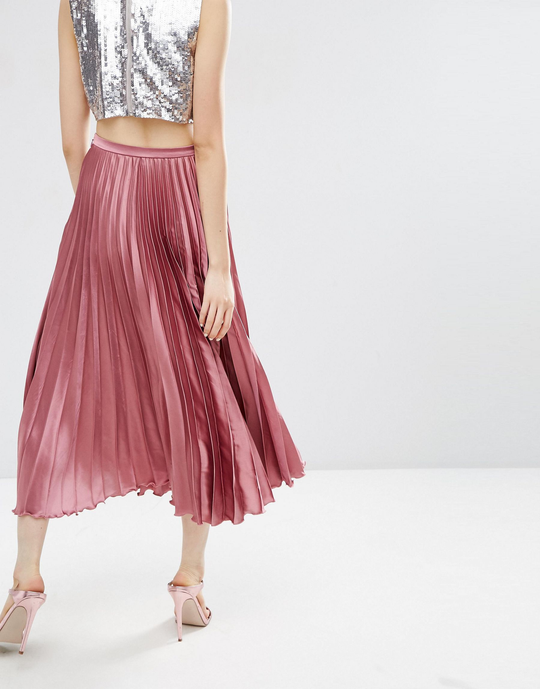 ASOS Midi Skirt In Pleated Satin in Red - Lyst