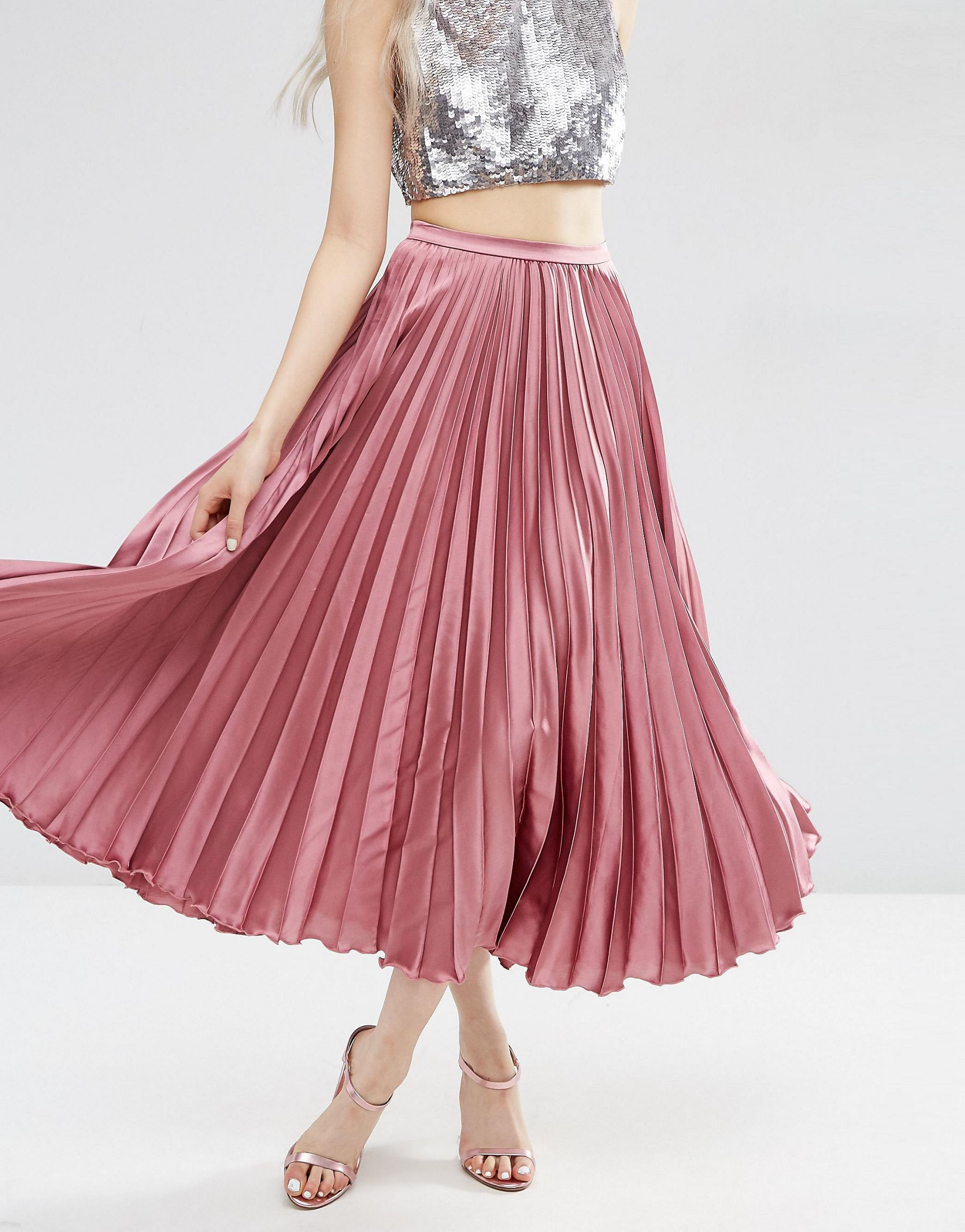 ASOS Midi Skirt In Pleated Satin in Red - Lyst
