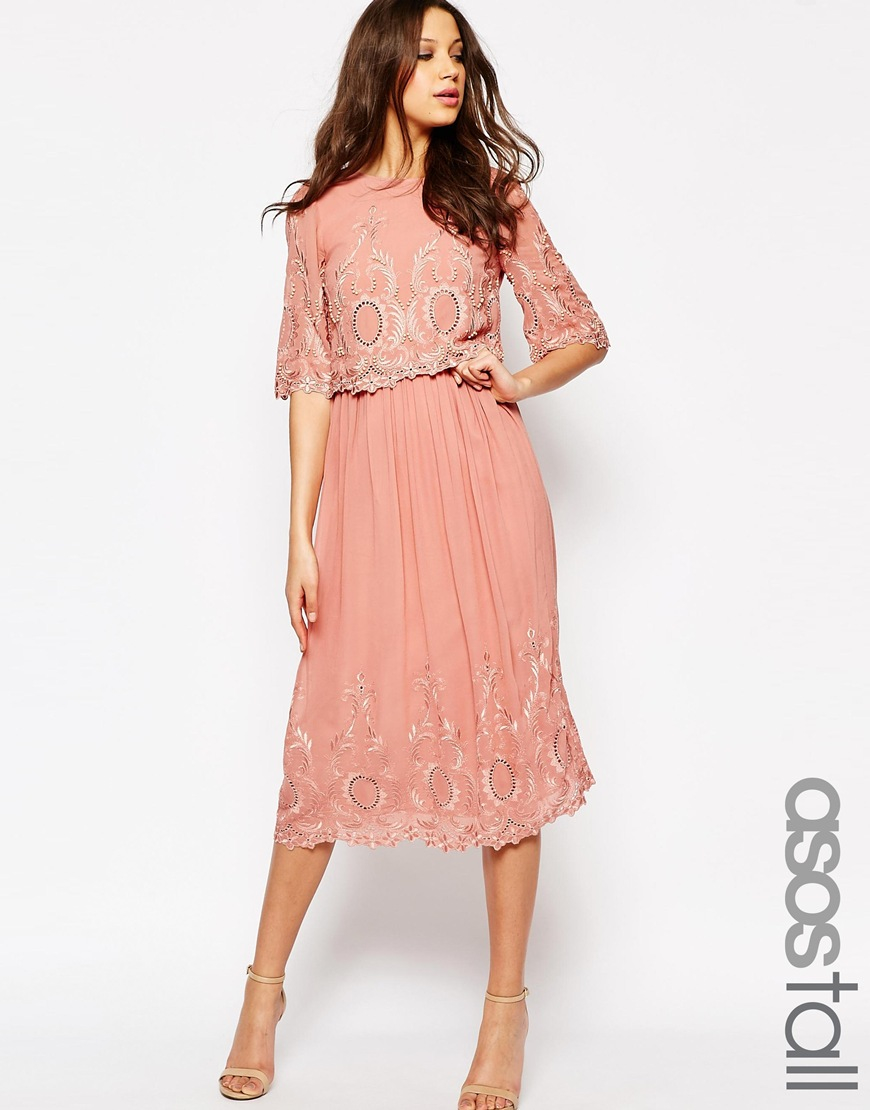 Lyst - ASOS Premium Midi Embroidered Dress in Pink