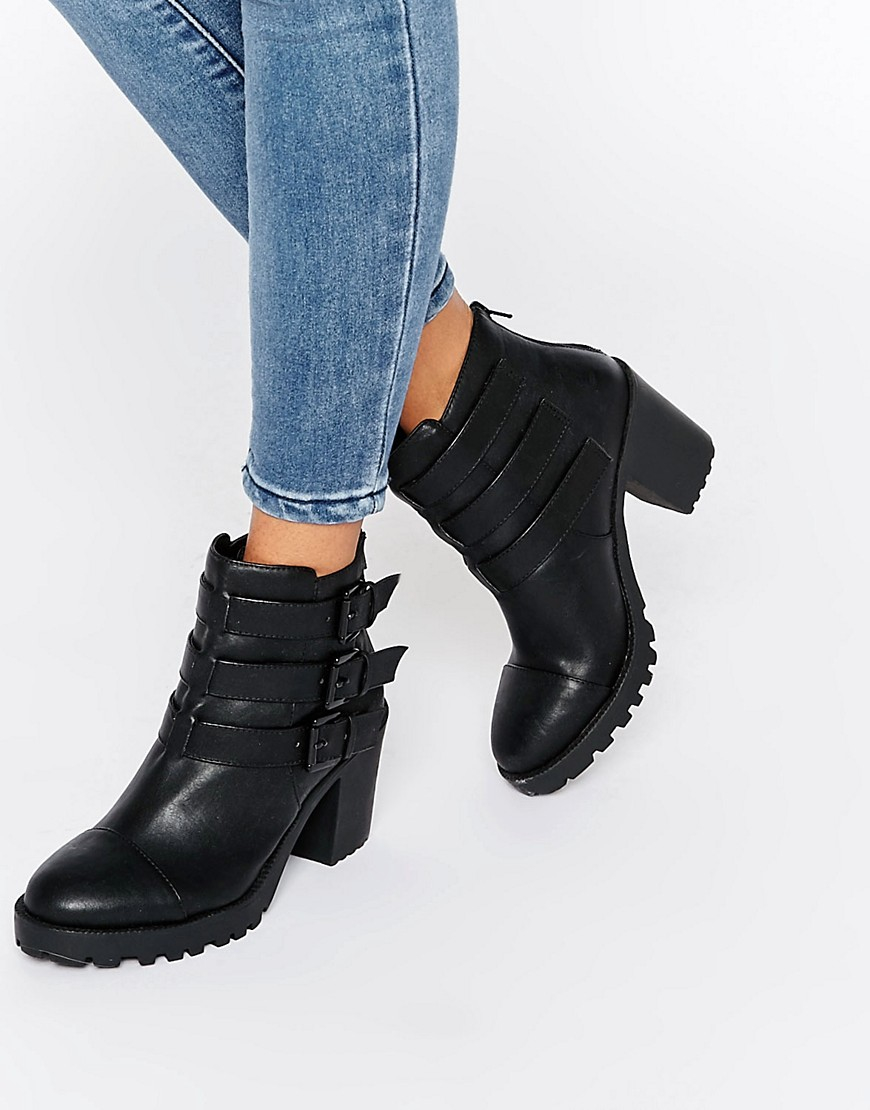 London rebel Multi Strap Chunky Heeled Ankle Boots in Black | Lyst