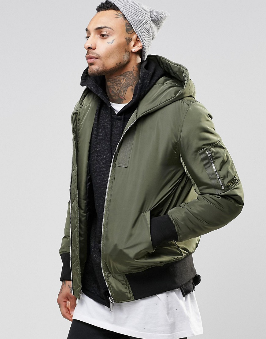 Asos Hooded Bomber Jacket With Ma1 Pocket In Khaki in Green for Men | Lyst