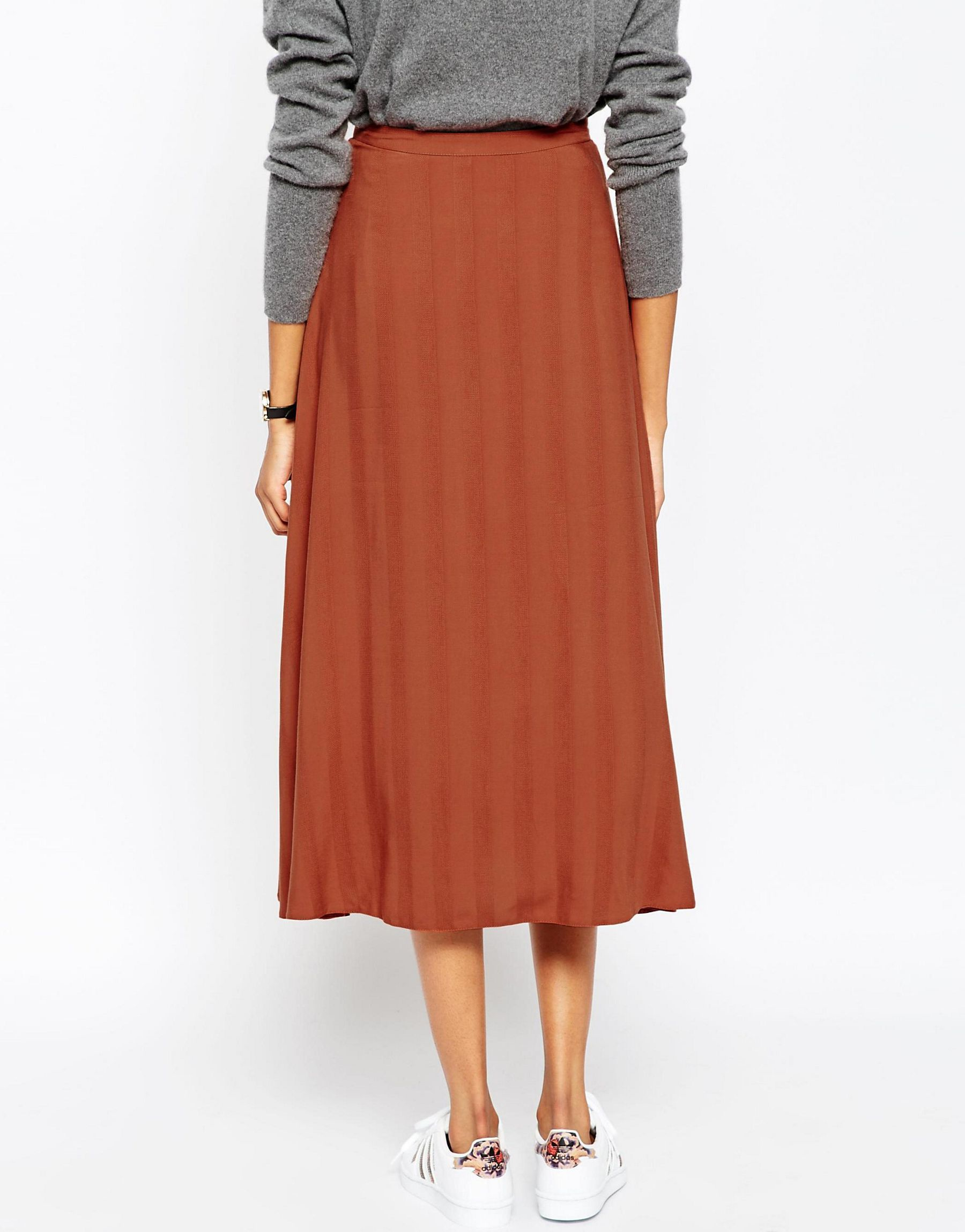 Lyst - Asos Midi Skirt With Button Through In Self Stripe in Brown