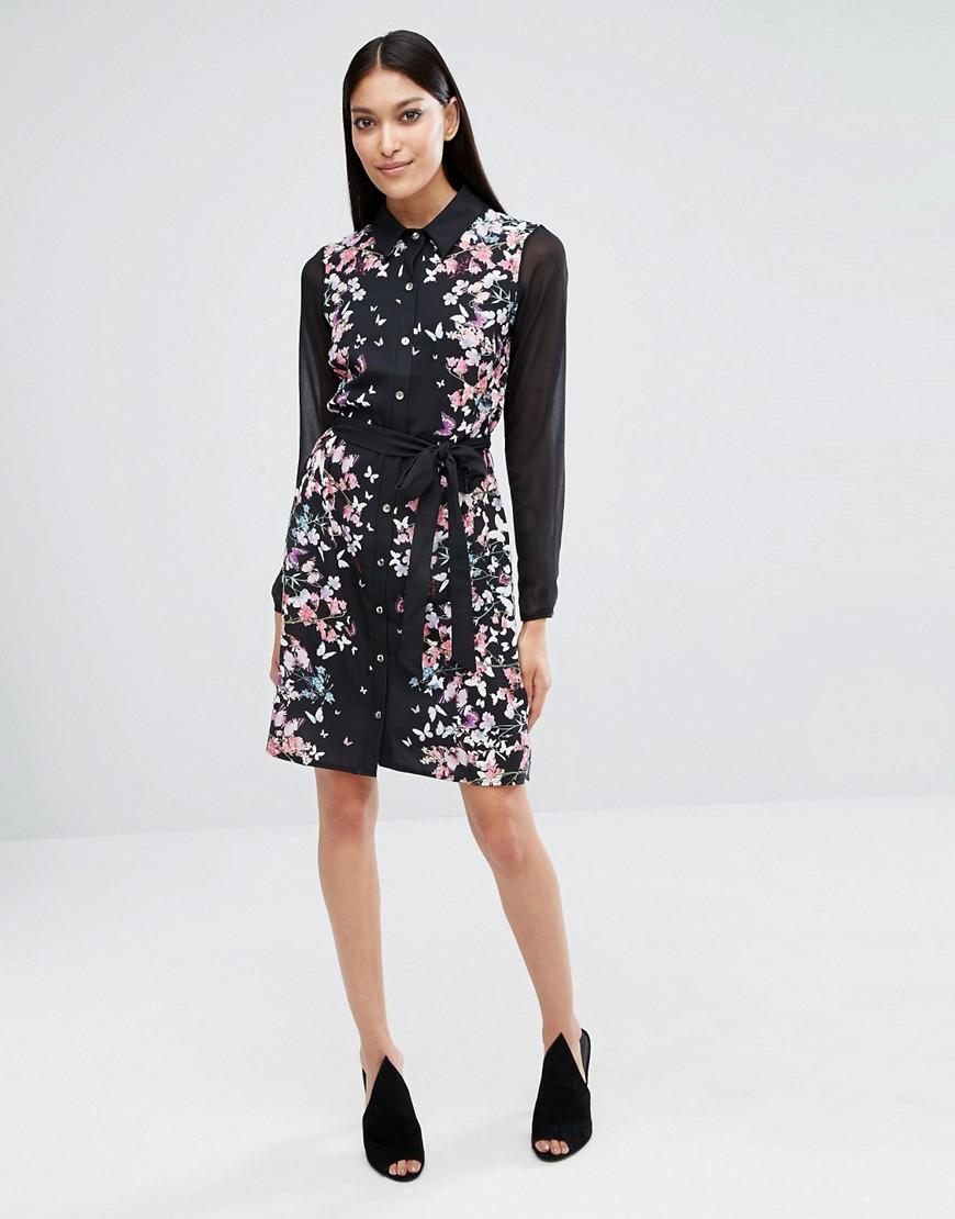 Lyst Lipsy  Floral Long Sleeve Shirt  Dress  in Black