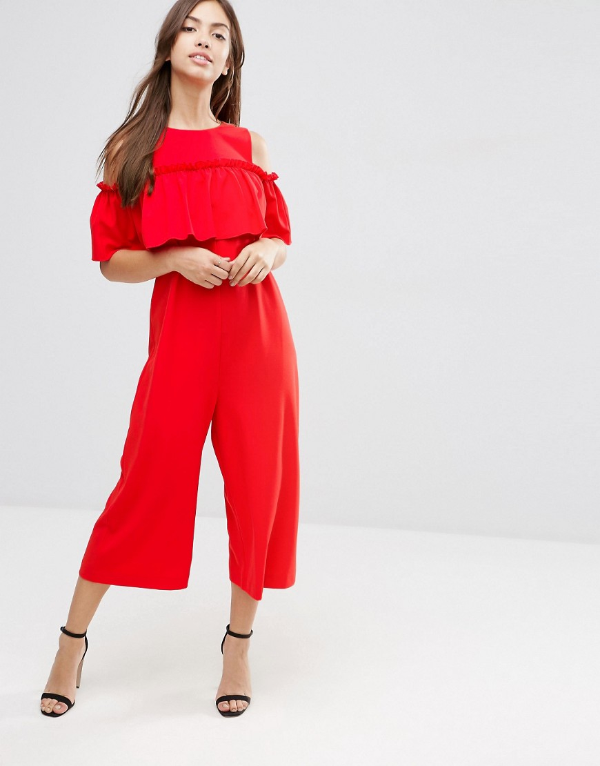 Asos Jumpsuit With Ruffle Cold Shoulder Detail In Red Lyst 