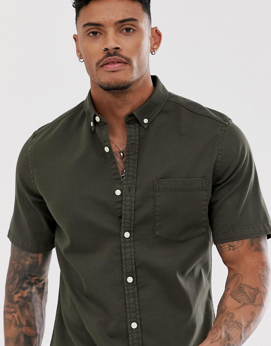 ASOS Stretch Slim Denim Shirt In Khaki in Green for Men - Lyst