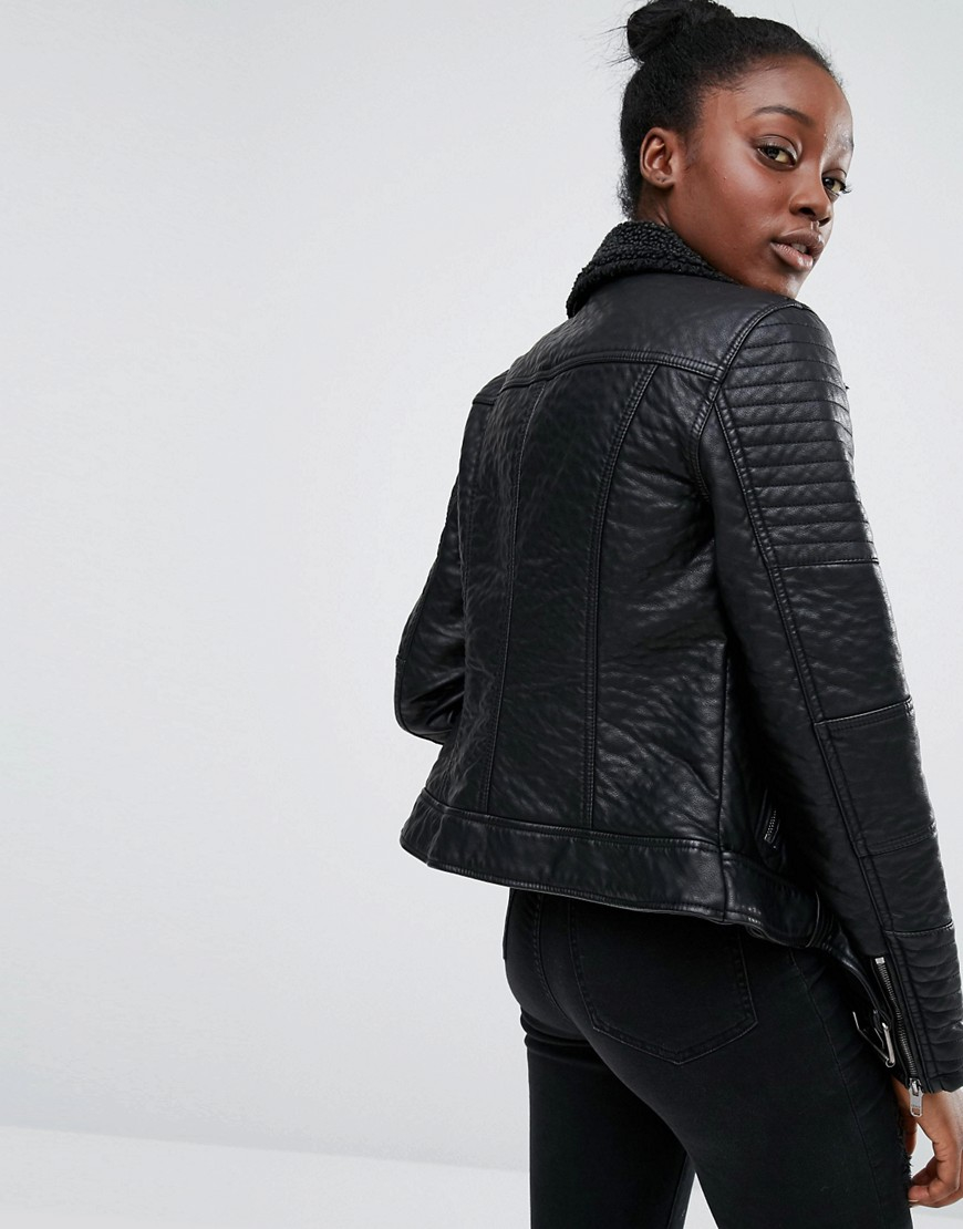 Only Bonded Faux Leather Biker Jacket With Lining Black In Gallery