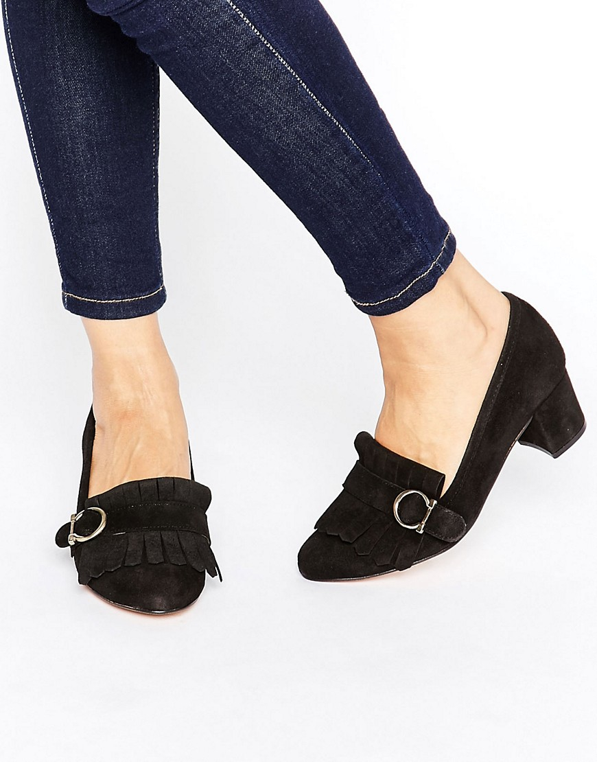 black chunky heel loafers