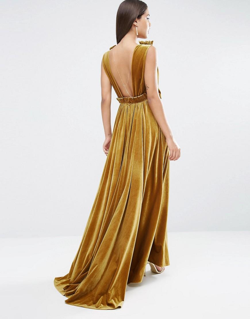 Lyst Asos  Red Carpet Velvet Drape Maxi Dress  in Yellow