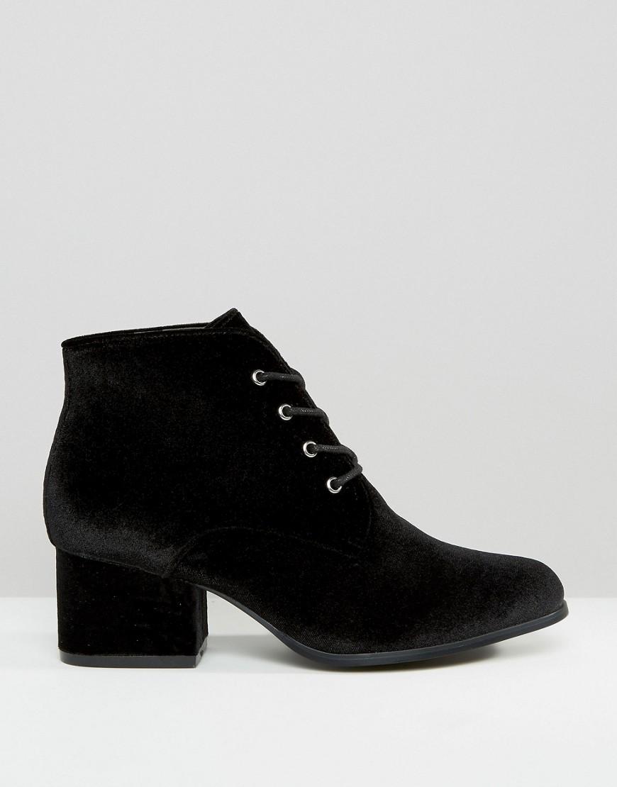 Lyst - London Rebel Lace Up Velvet Mid Heel Ankle Boot in Black